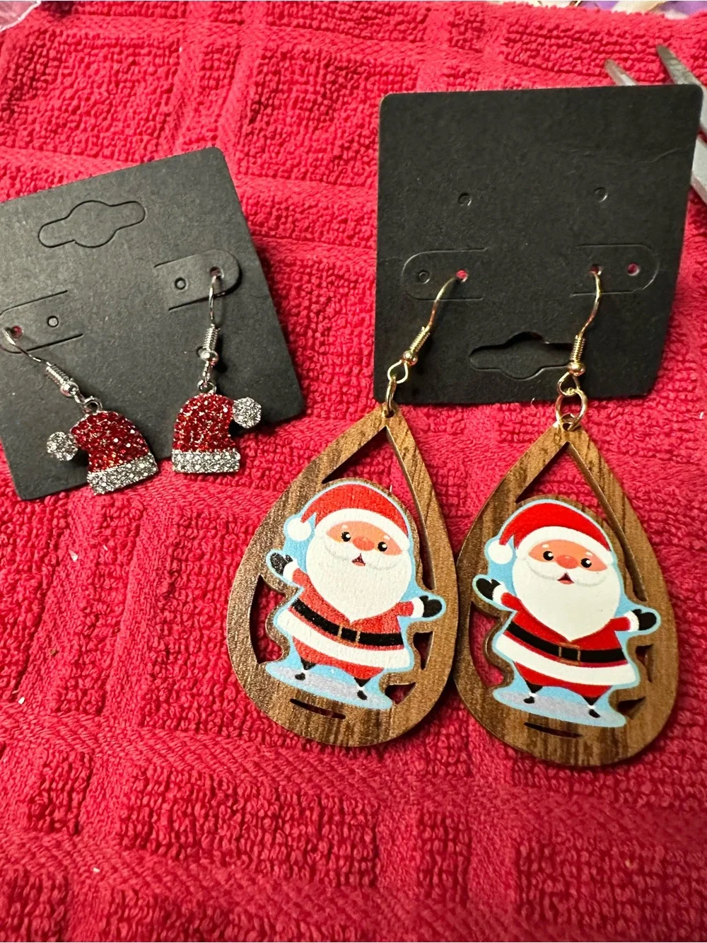 Festive Santa Drop Earrings in Red and Wood Finish - Unbranded